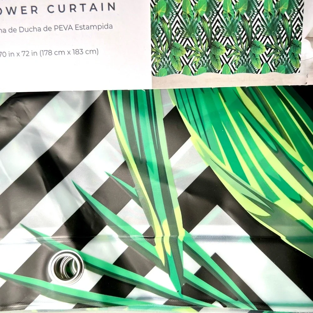 Tropical Green Leaves on Black White Chevron Pattern Peva Shower Curtain